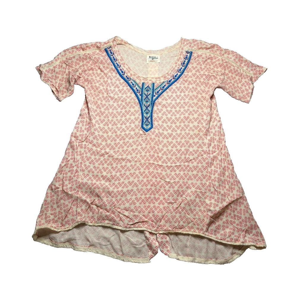 Anthropologie Holding Horses Embroidered Hi-Lo Tunic Top M Boho Geometric Red